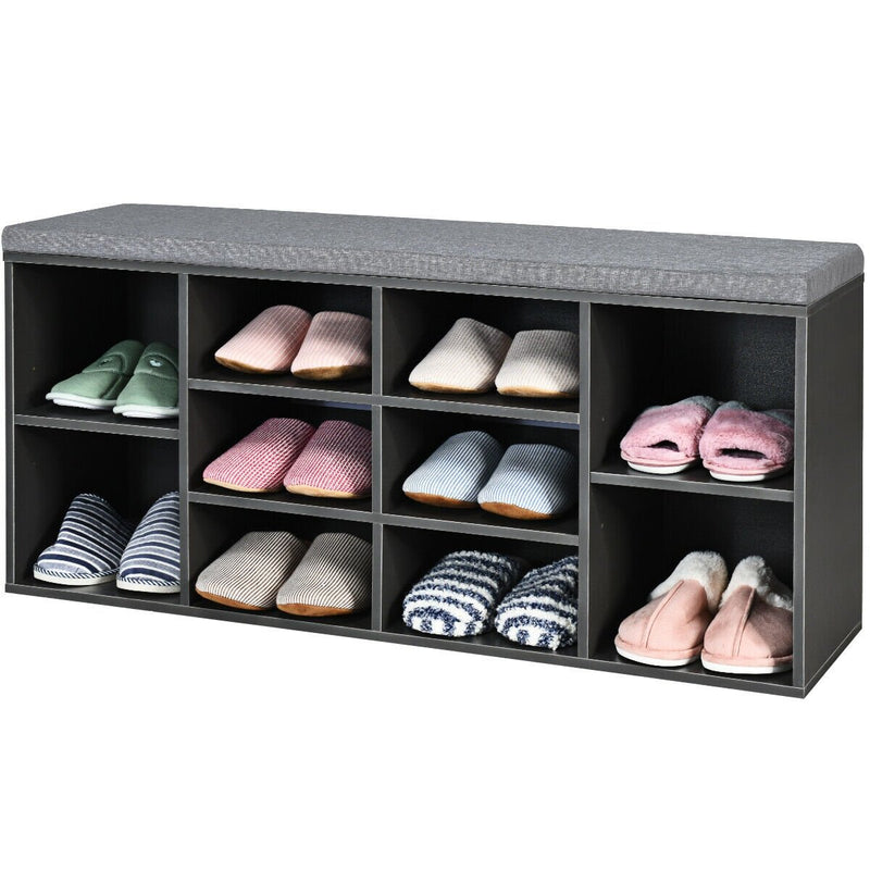10-Cube Organizer  Entryway Padded Shoe Storage Bench-Gray