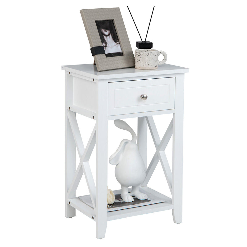 Storage End Bedside Drawer Nightstand w/ Bottom Shelf-White