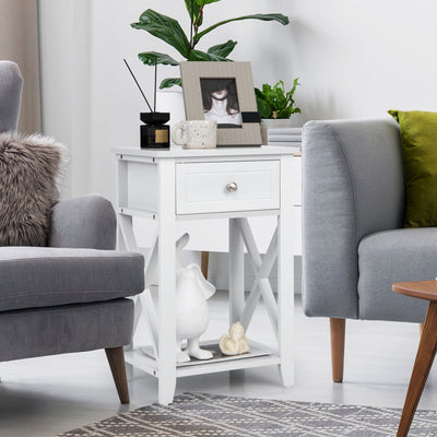 Storage End Bedside Drawer Nightstand w/ Bottom Shelf-White