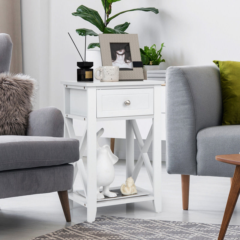 Storage End Bedside Drawer Nightstand w/ Bottom Shelf-White