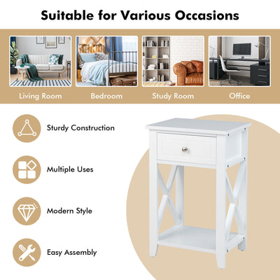 Storage End Bedside Drawer Nightstand w/ Bottom Shelf-White