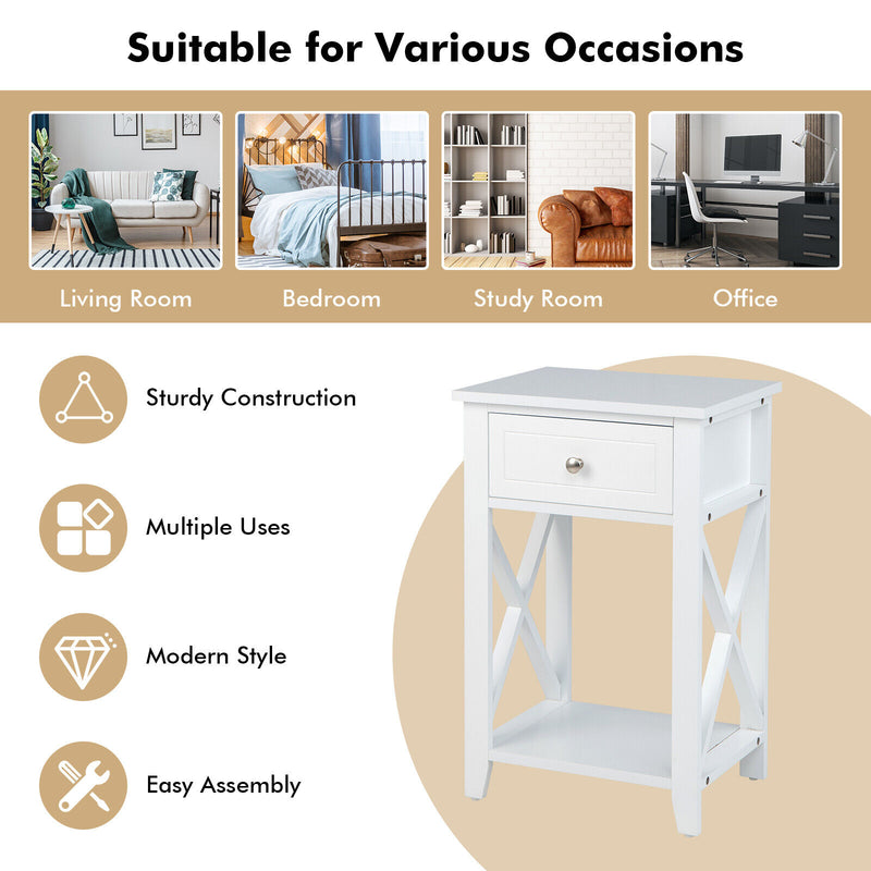Storage End Bedside Drawer Nightstand w/ Bottom Shelf-White