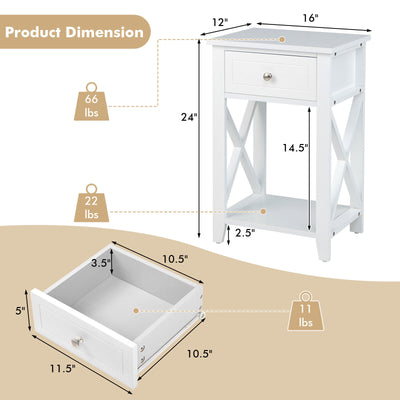 Storage End Bedside Drawer Nightstand w/ Bottom Shelf-White