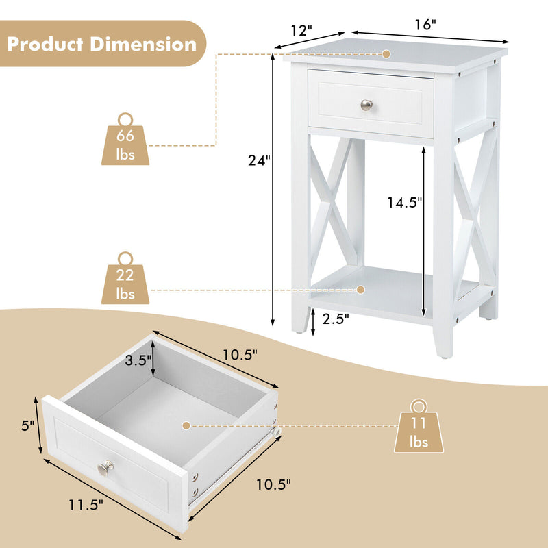 Storage End Bedside Drawer Nightstand w/ Bottom Shelf-White