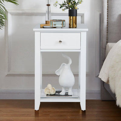 Storage End Bedside Drawer Nightstand w/ Bottom Shelf-White