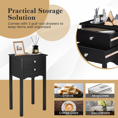 Vintage Side End Table with 2 Storage Drawers-Black
