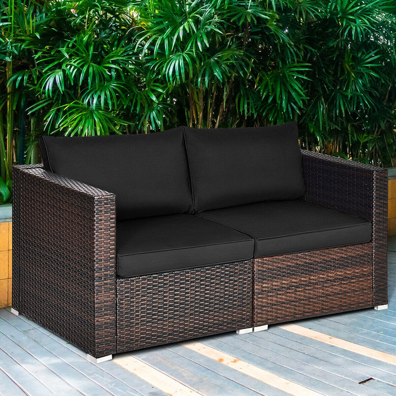 2 Pieces Patio Rattan Sectional Conversation Sofa Set-Black