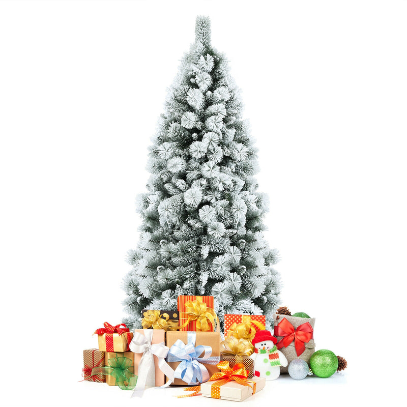 Flocked Hinged Artificial Slim Christmas Tree with Pine Needles-7 ft