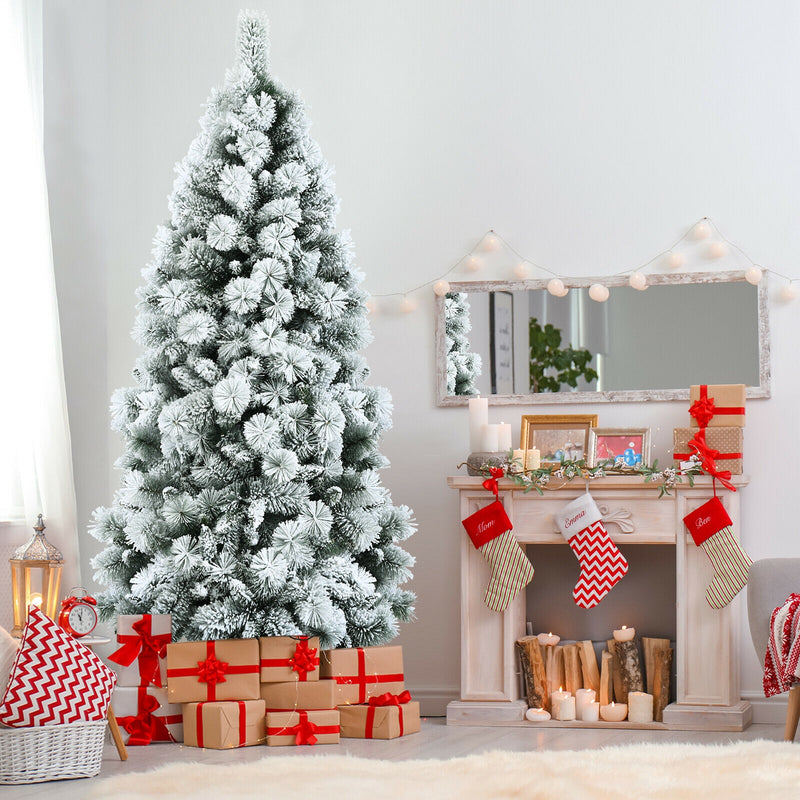 Flocked Hinged Artificial Slim Christmas Tree with Pine Needles-7 ft