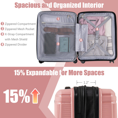 2-Piece Luggage Set 20 Inch Carry-on Suitcase and 14 Inch Cosmetic Case-Pink