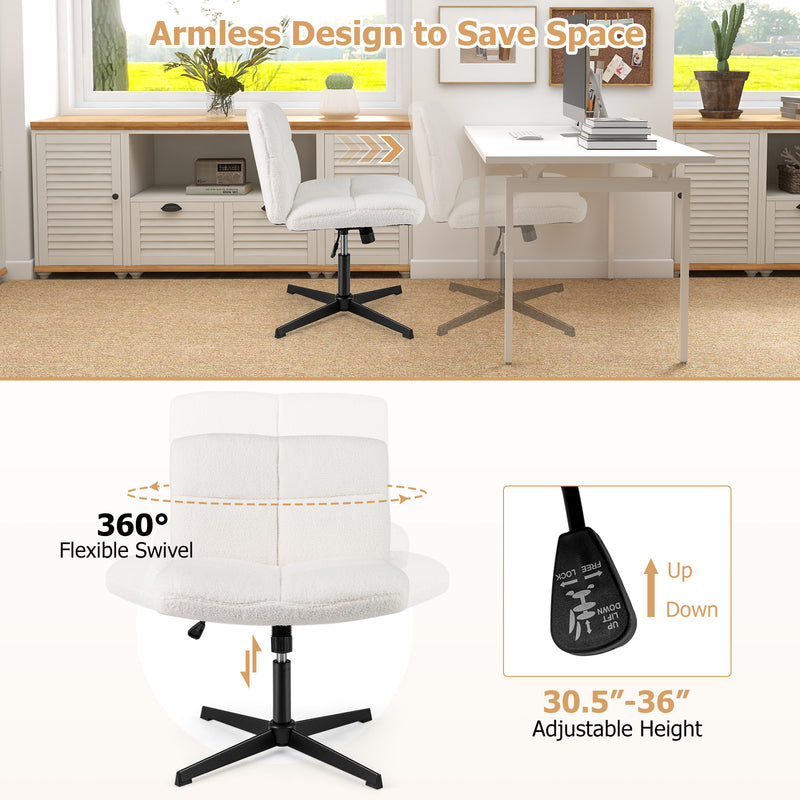 Armless Office Desk Cross Legged Office Chair with Adjustable Height-White