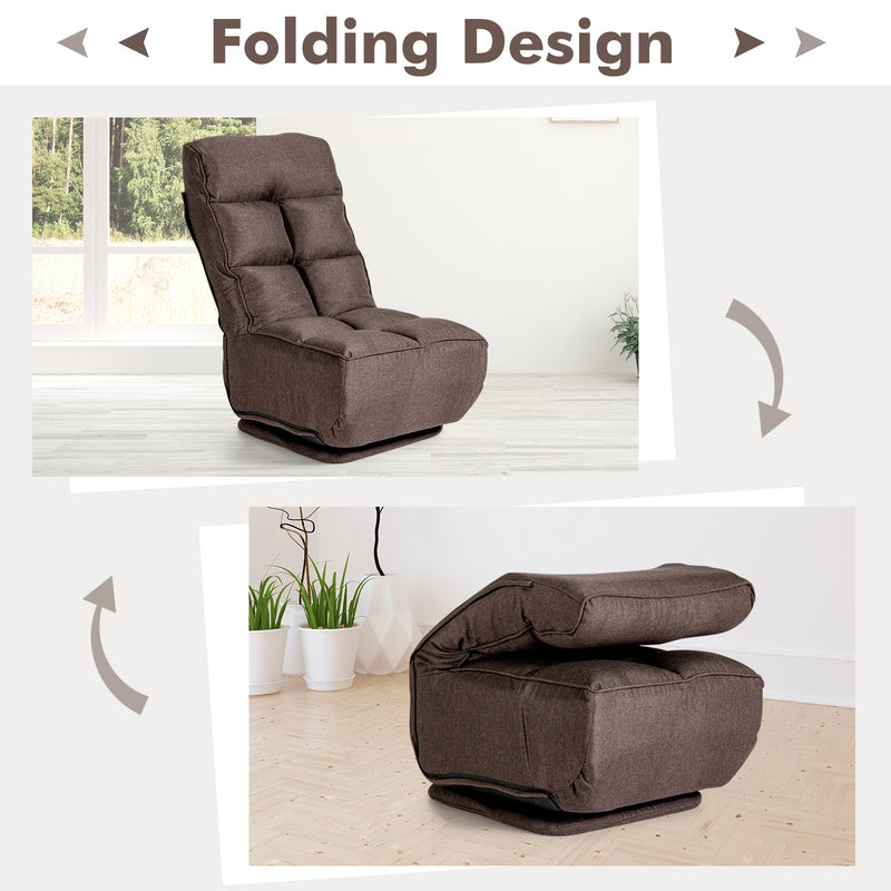 360-Degree Swivel Folding Floor Chair with 6 Adjustable Positions-Coffee