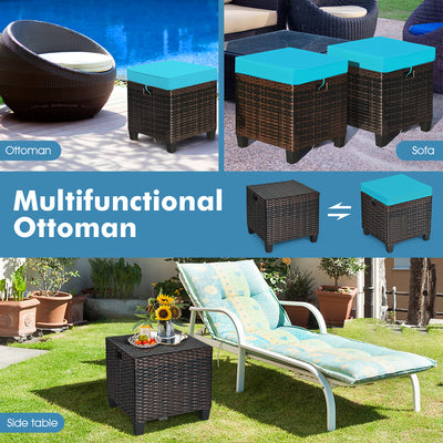 2PCS Patio Rattan Ottoman Cushioned Seat-Turquoise