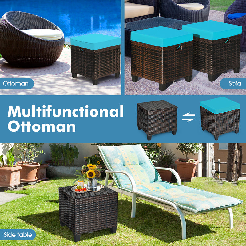 2PCS Patio Rattan Ottoman Cushioned Seat-Turquoise