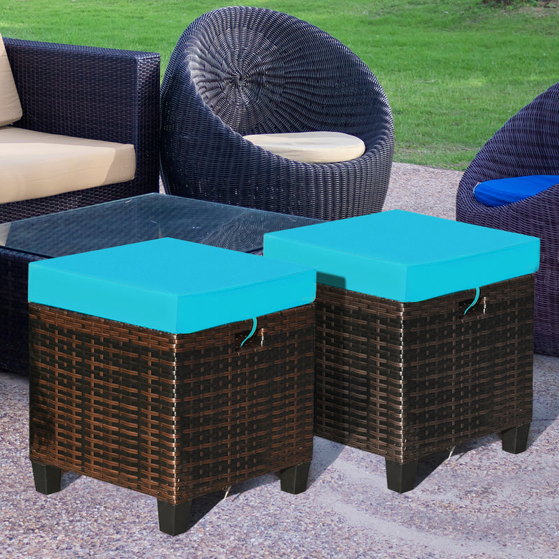 2PCS Patio Rattan Ottoman Cushioned Seat-Turquoise