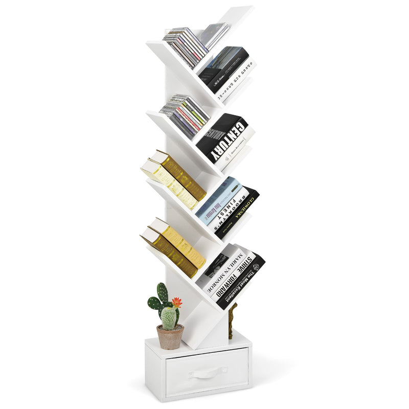 10-Tier Tree Bookshelf with Drawer Free-standing Storage Bookcase-White