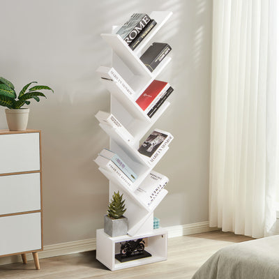 10-Tier Tree Bookshelf with Drawer Free-standing Storage Bookcase-White