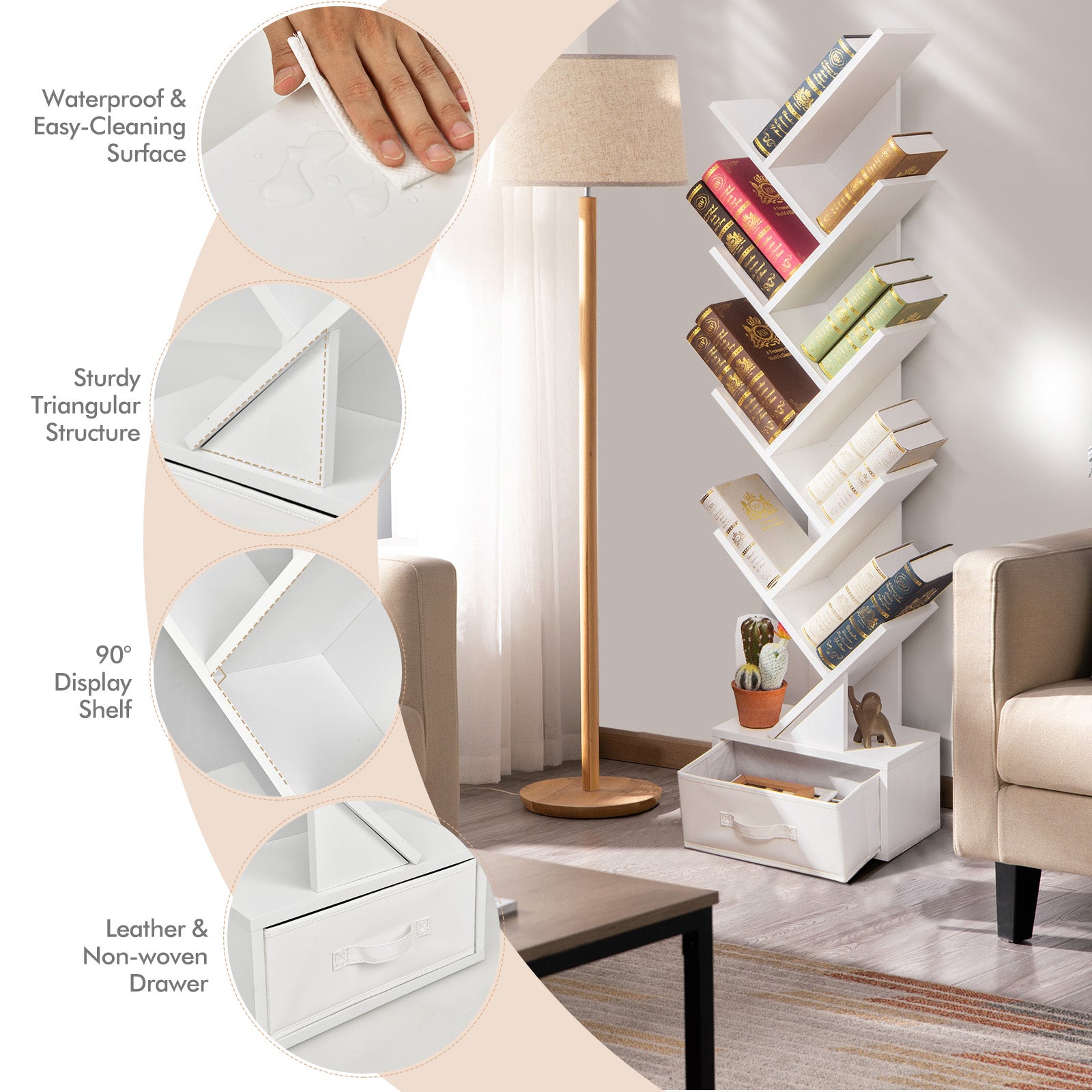 10-Tier Tree Bookshelf with Drawer Free-standing Storage Bookcase-Whit