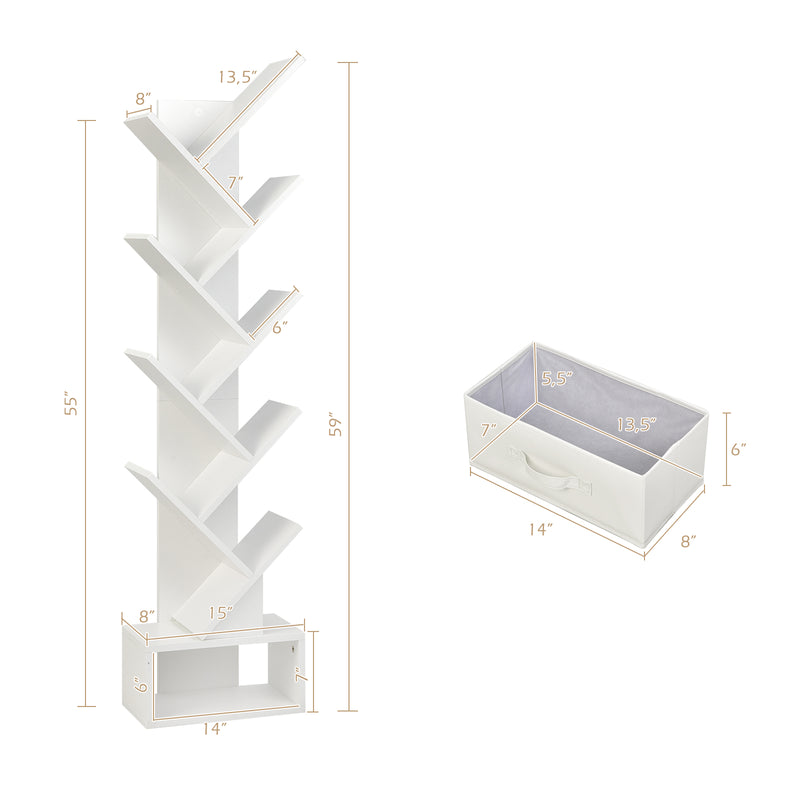 10-Tier Tree Bookshelf with Drawer Free-standing Storage Bookcase-White