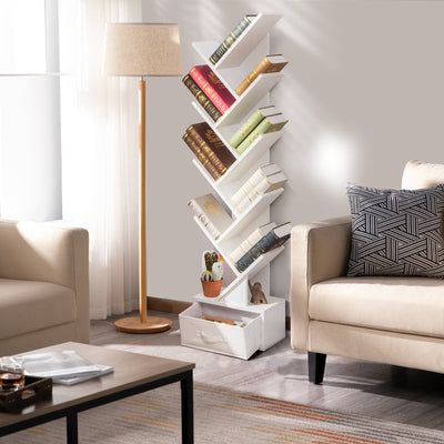 10-Tier Tree Bookshelf with Drawer Free-standing Storage Bookcase-White
