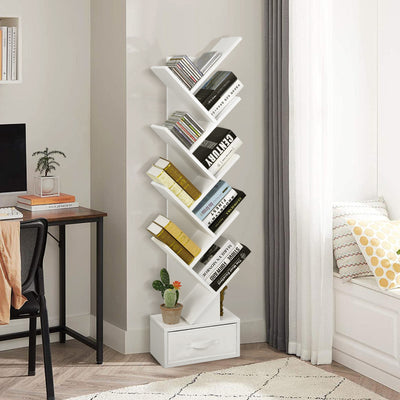 10-Tier Tree Bookshelf with Drawer Free-standing Storage Bookcase-White