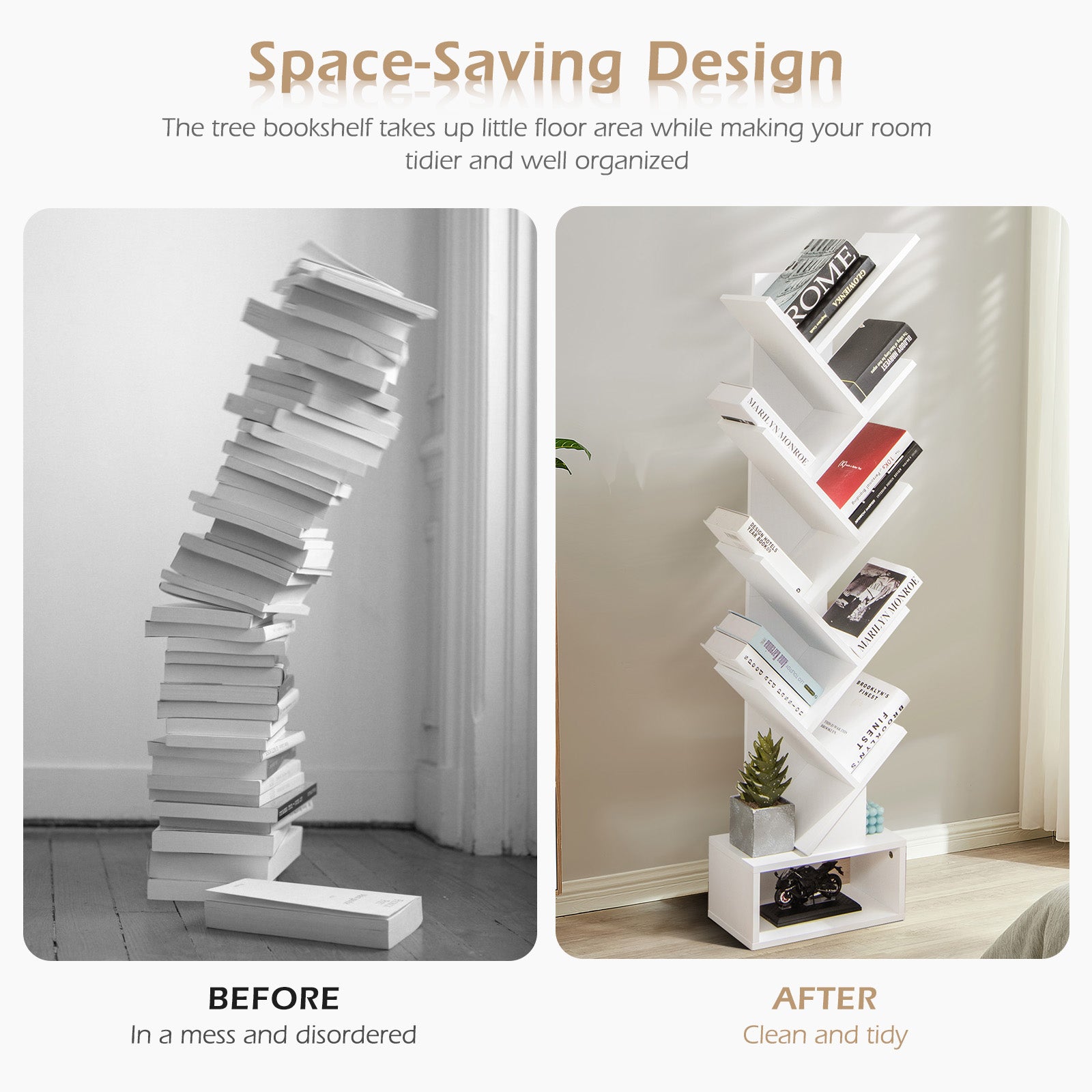 10-Tier Tree Bookshelf with Drawer Free-standing Storage Bookcase-Whit