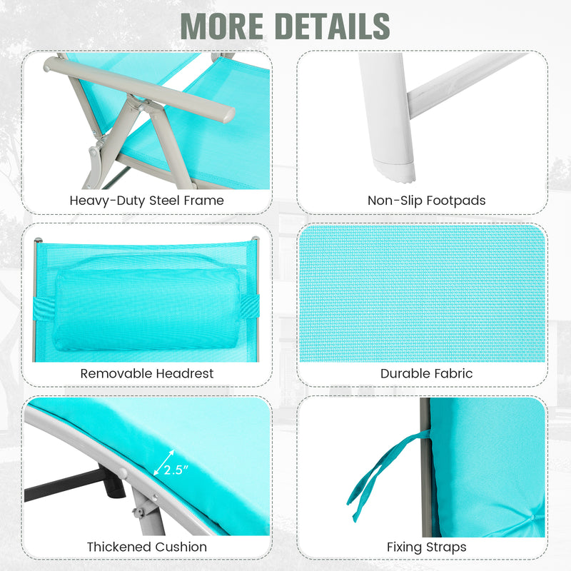 Adjustable Outdoor Lightweight Folding Chaise Lounge Chair with Pillow-Blue