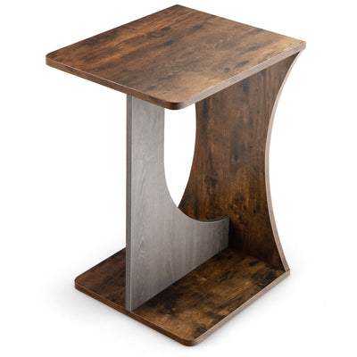 2-Tier Compact C-shape Sofa Side Table-Rustic Brown