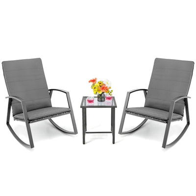 3 Pieces Patio Rattan Rocking Furniture Set-Gray
