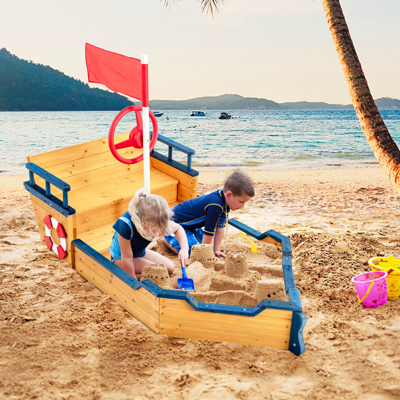 *Kids Pirate Boat Wooden Sandbox Children Outdoor Playset