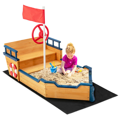 *Kids Pirate Boat Wooden Sandbox Children Outdoor Playset