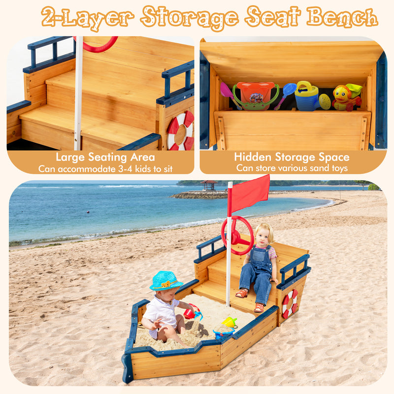 *Kids Pirate Boat Wooden Sandbox Children Outdoor Playset