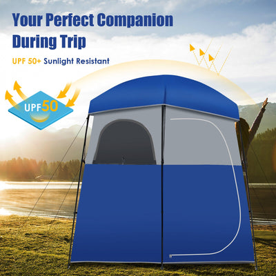 Double-Room Camping Toilet Tent with Floor and Portable Storage Bag-Blue