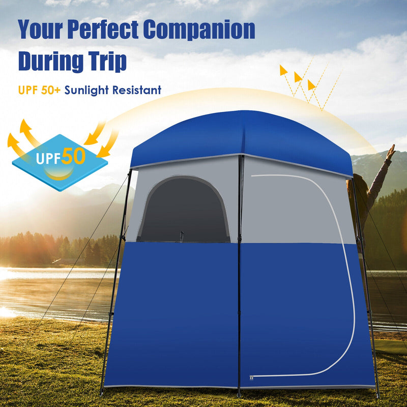 Double-Room Camping Toilet Tent with Floor and Portable Storage Bag-Blue