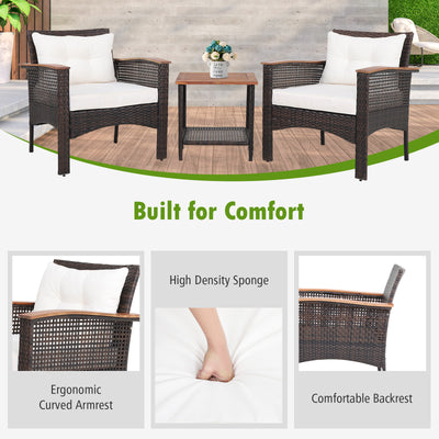 3 Pieces Patio Rattan Furniture Set with Acacia Wood Tabletop