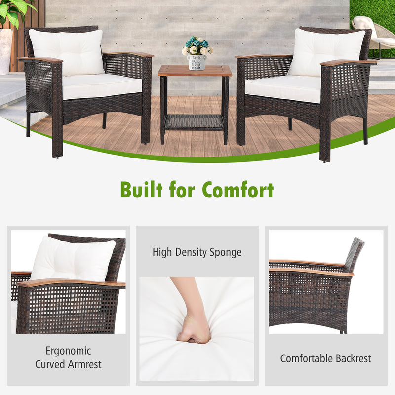 3 Pieces Patio Rattan Furniture Set with Acacia Wood Tabletop