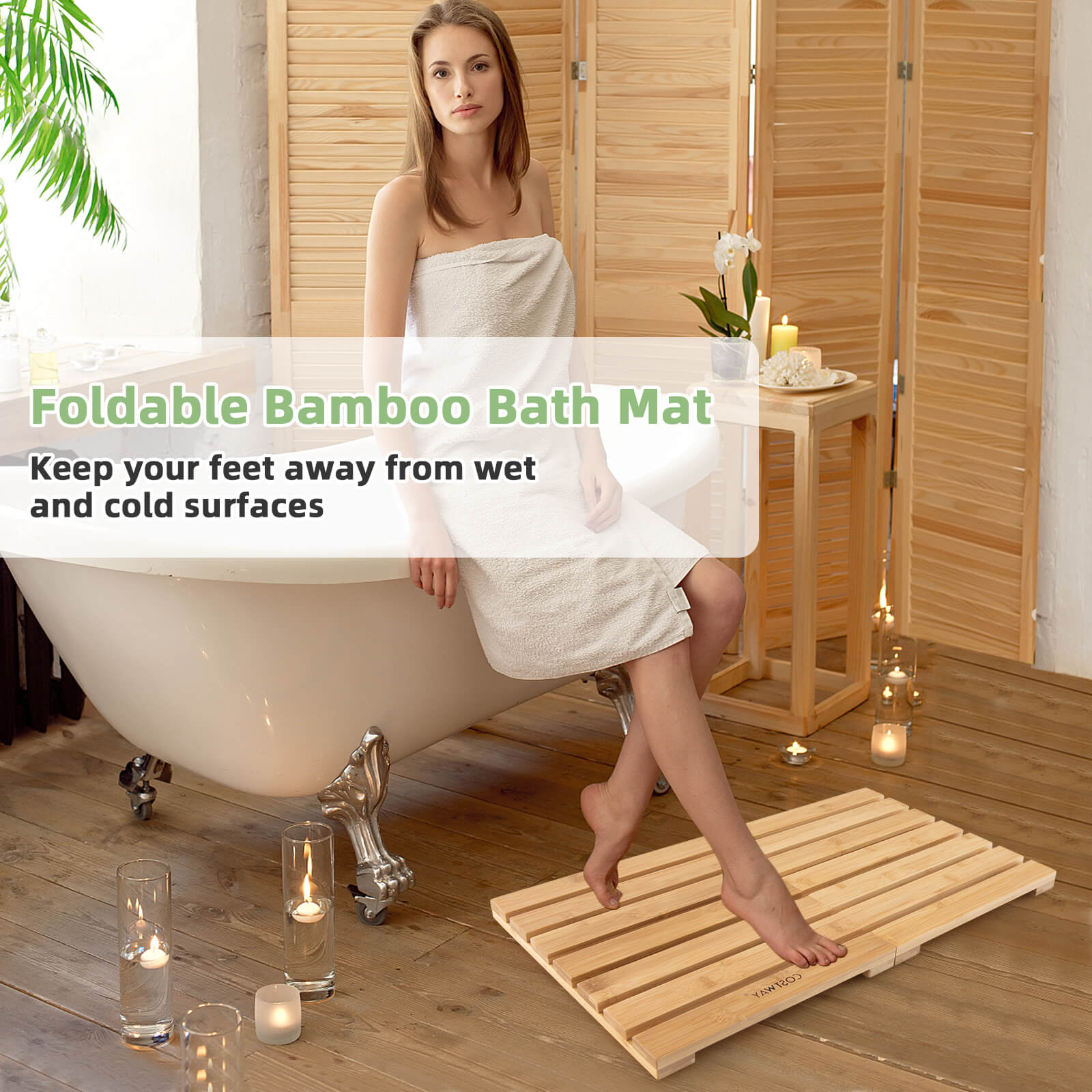 Slatted Mat Bamboo Bath Mat with Non-slip Pads and Slatted Design-Natural | Relaxacare