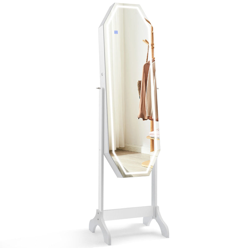 Standing Jewelry Cabinet Armoire Organizer LED Light Mirror Lockable-White