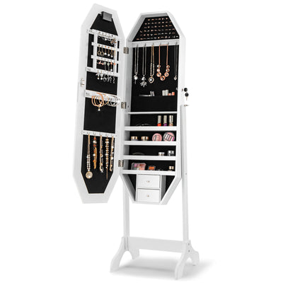 Standing Jewelry Cabinet Armoire Organizer LED Light Mirror Lockable-White