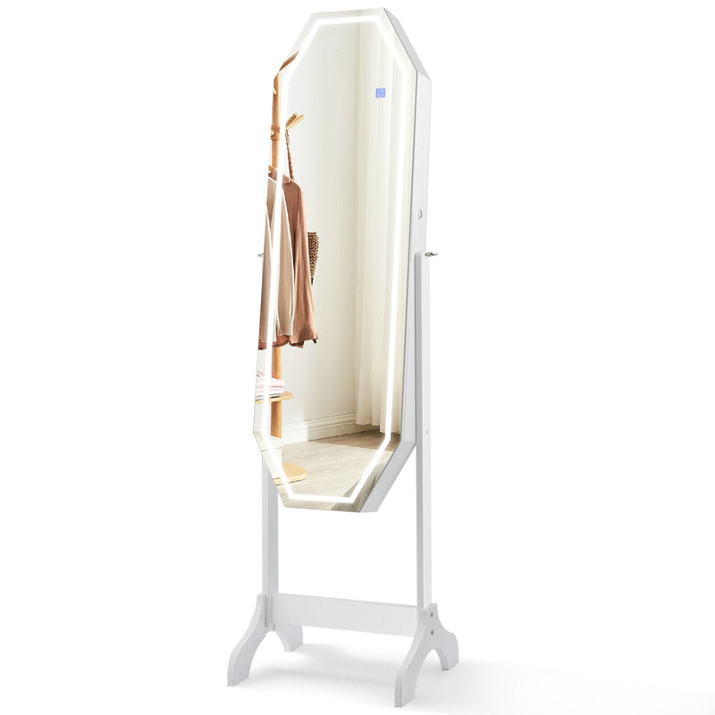 Standing Jewelry Cabinet Armoire Organizer LED Light Mirror Lockable-White