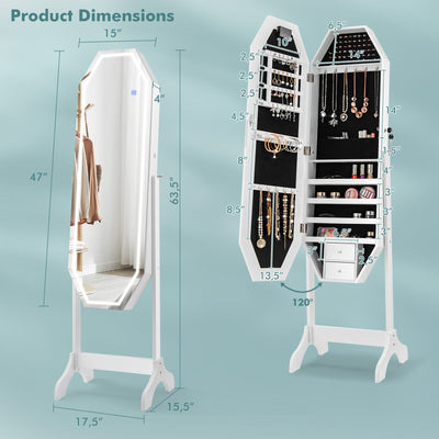 Standing Jewelry Cabinet Armoire Organizer LED Light Mirror Lockable-White