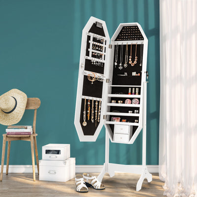 Standing Jewelry Cabinet Armoire Organizer LED Light Mirror Lockable-White