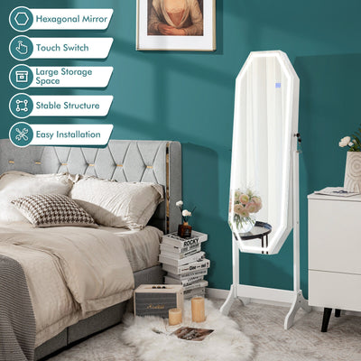 Standing Jewelry Cabinet Armoire Organizer LED Light Mirror Lockable-White