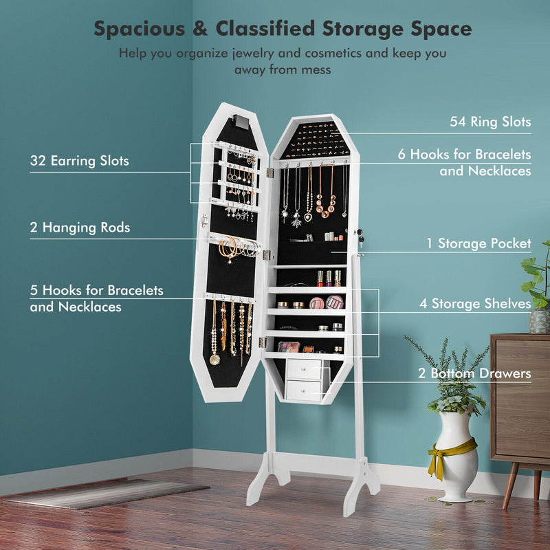 Standing Jewelry Cabinet Armoire Organizer LED Light Mirror Lockable-White