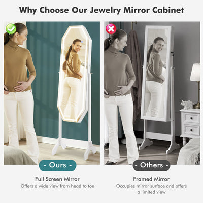 Standing Jewelry Cabinet Armoire Organizer LED Light Mirror Lockable-White