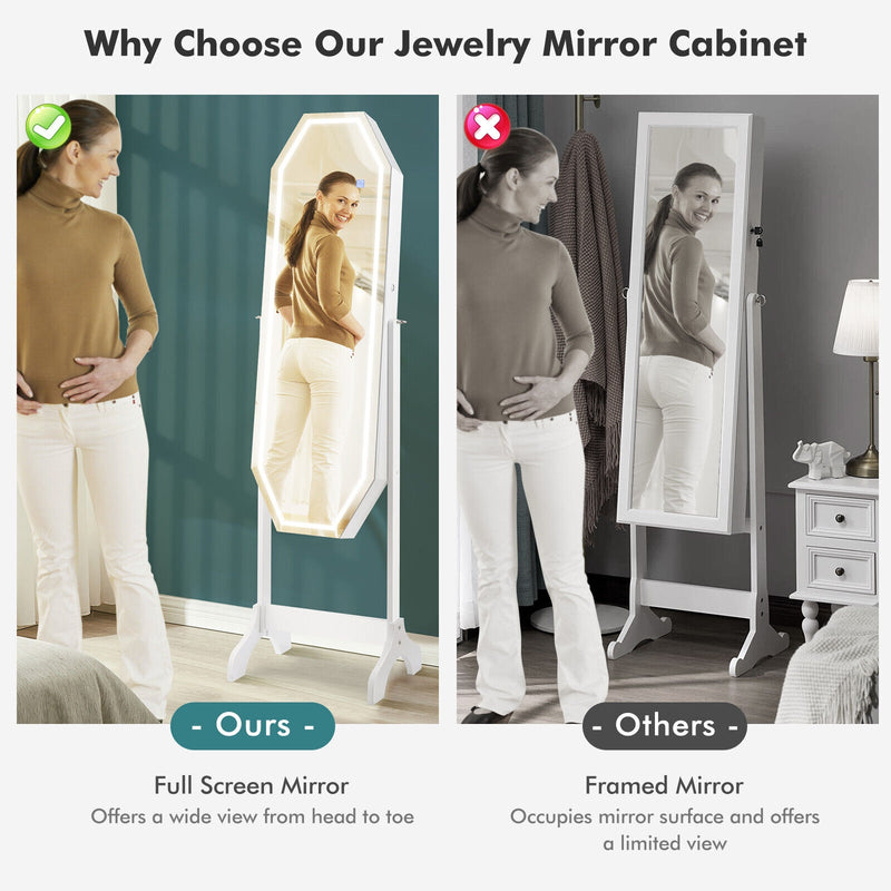 Standing Jewelry Cabinet Armoire Organizer LED Light Mirror Lockable-White