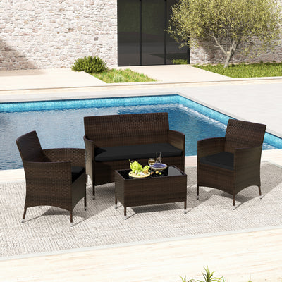 4 Pieces Rattan Sofa Set with Glass Table and Comfortable Wicker for Outdoor Patio-Black