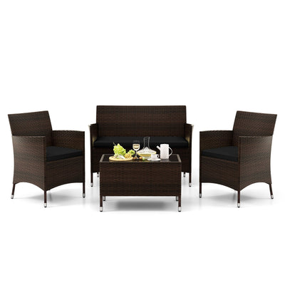 4 Pieces Rattan Sofa Set with Glass Table and Comfortable Wicker for Outdoor Patio-Black