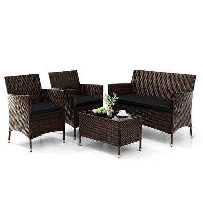 4 Pieces Rattan Sofa Set with Glass Table and Comfortable Wicker for Outdoor Patio-Black