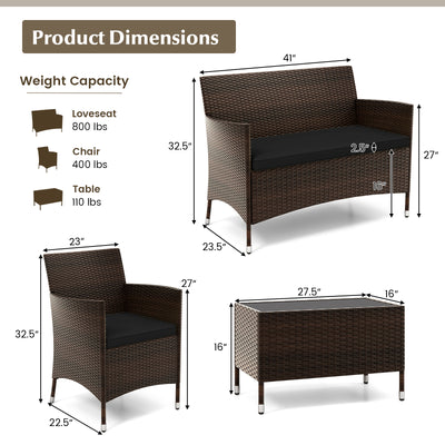 4 Pieces Rattan Sofa Set with Glass Table and Comfortable Wicker for Outdoor Patio-Black